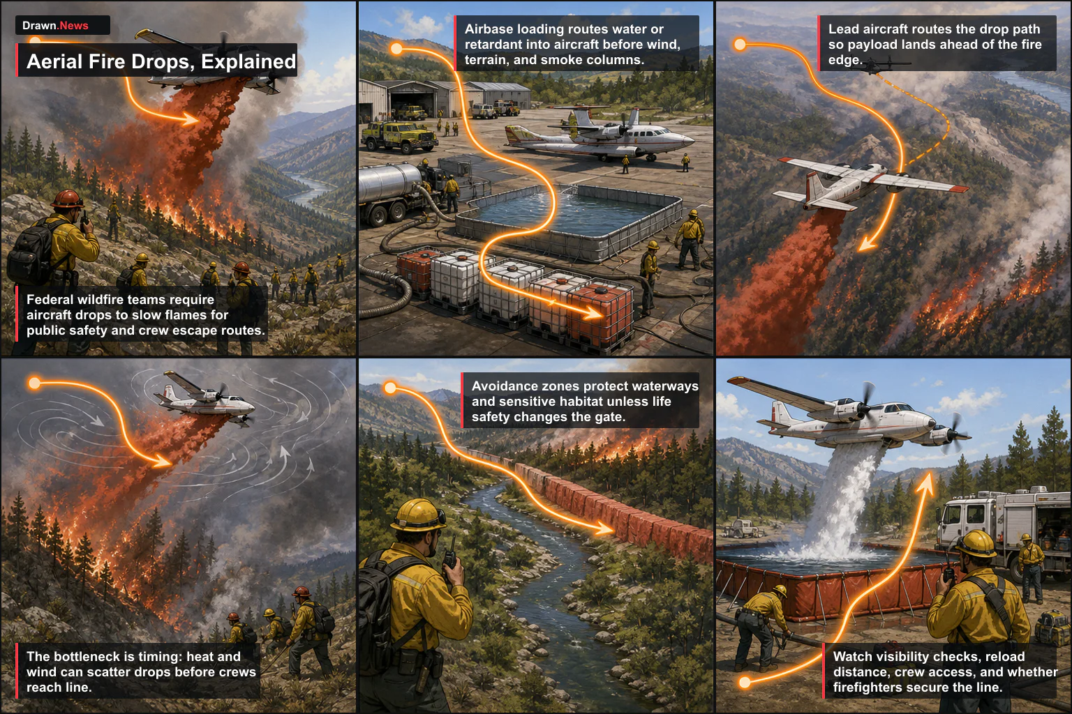Drawn.News visual brief: How Aerial Firefighting Drops Work