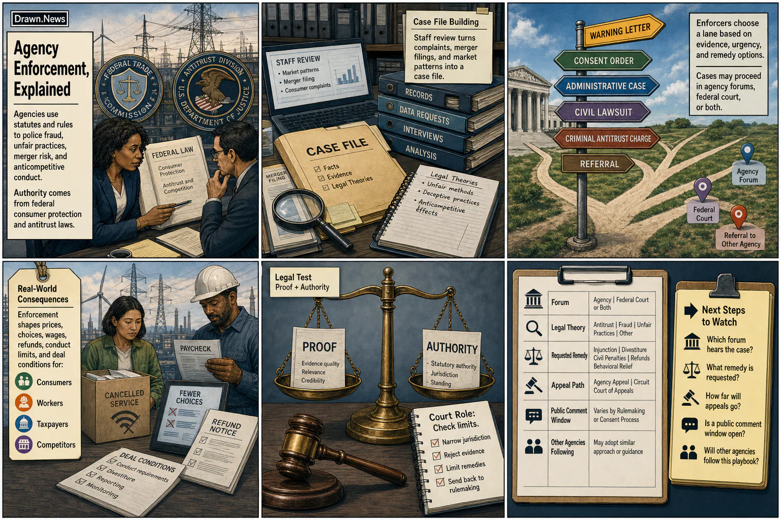Drawn.News visual brief: How Agency Enforcement Works