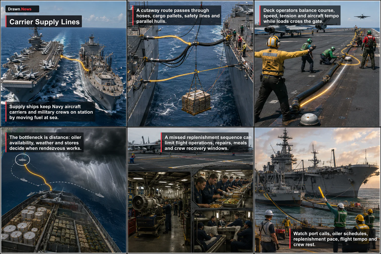 Drawn.News visual brief: How Aircraft Carriers Stay Supplied