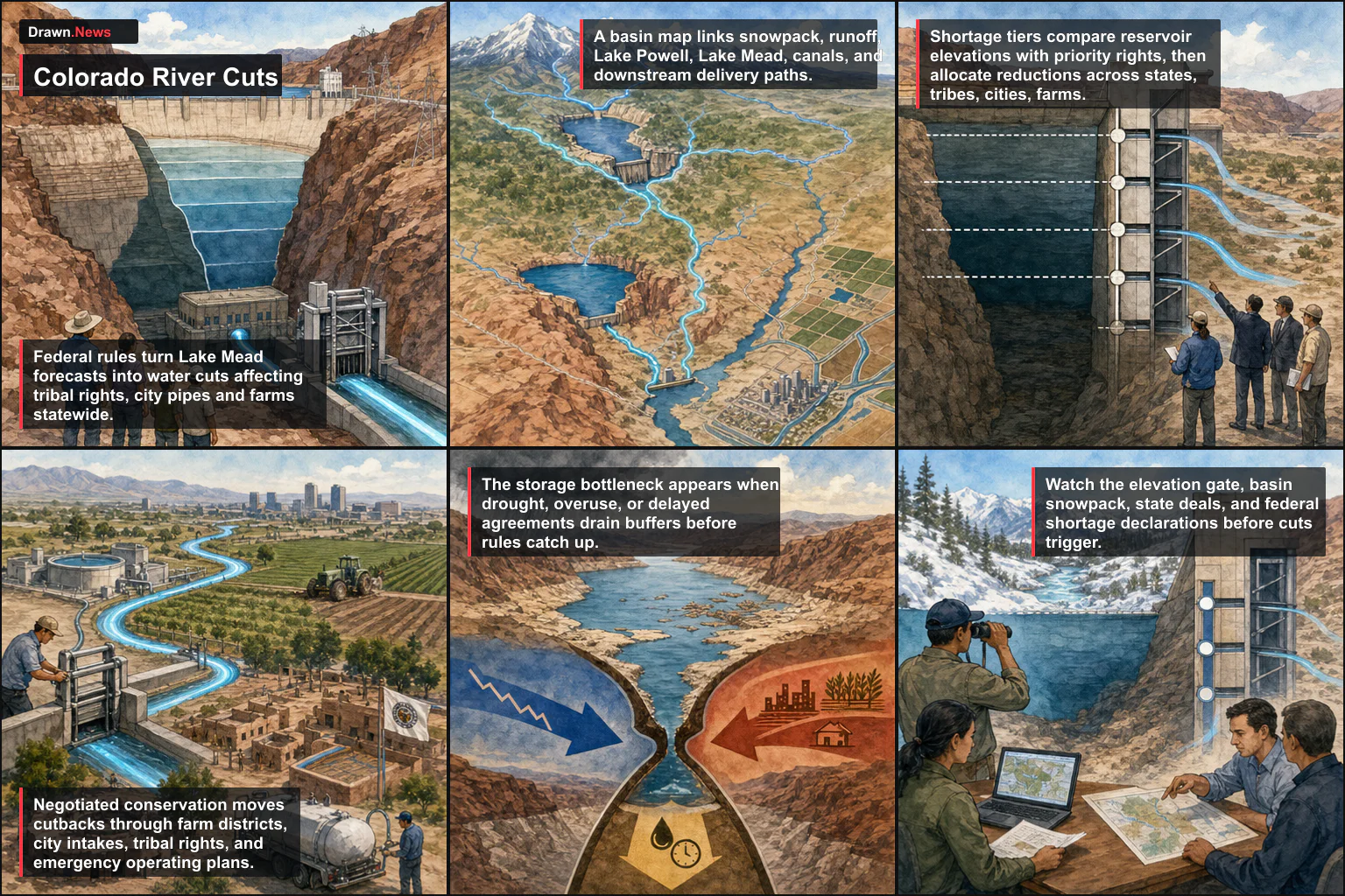 Drawn.News visual brief: How Colorado River Water Cuts Work