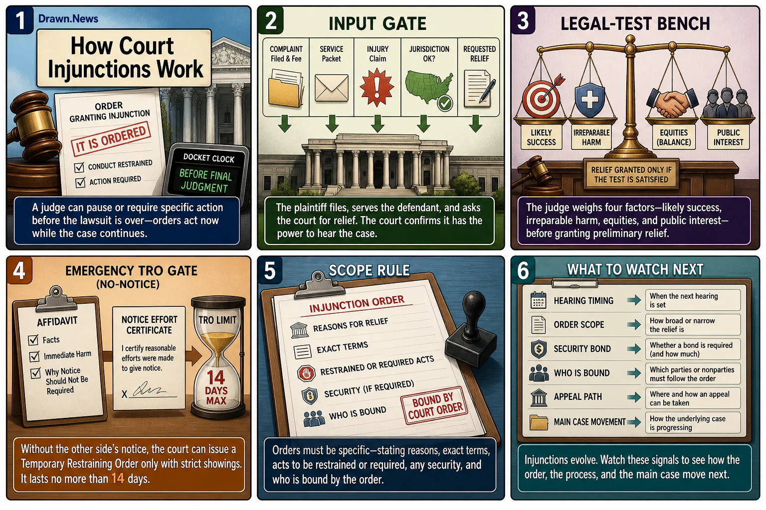 Drawn.News visual brief: How Court Injunctions Work