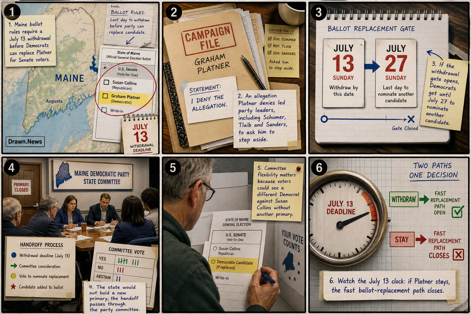 Drawn.News visual brief: Maine Democrats Face July 13 Ballot Choice