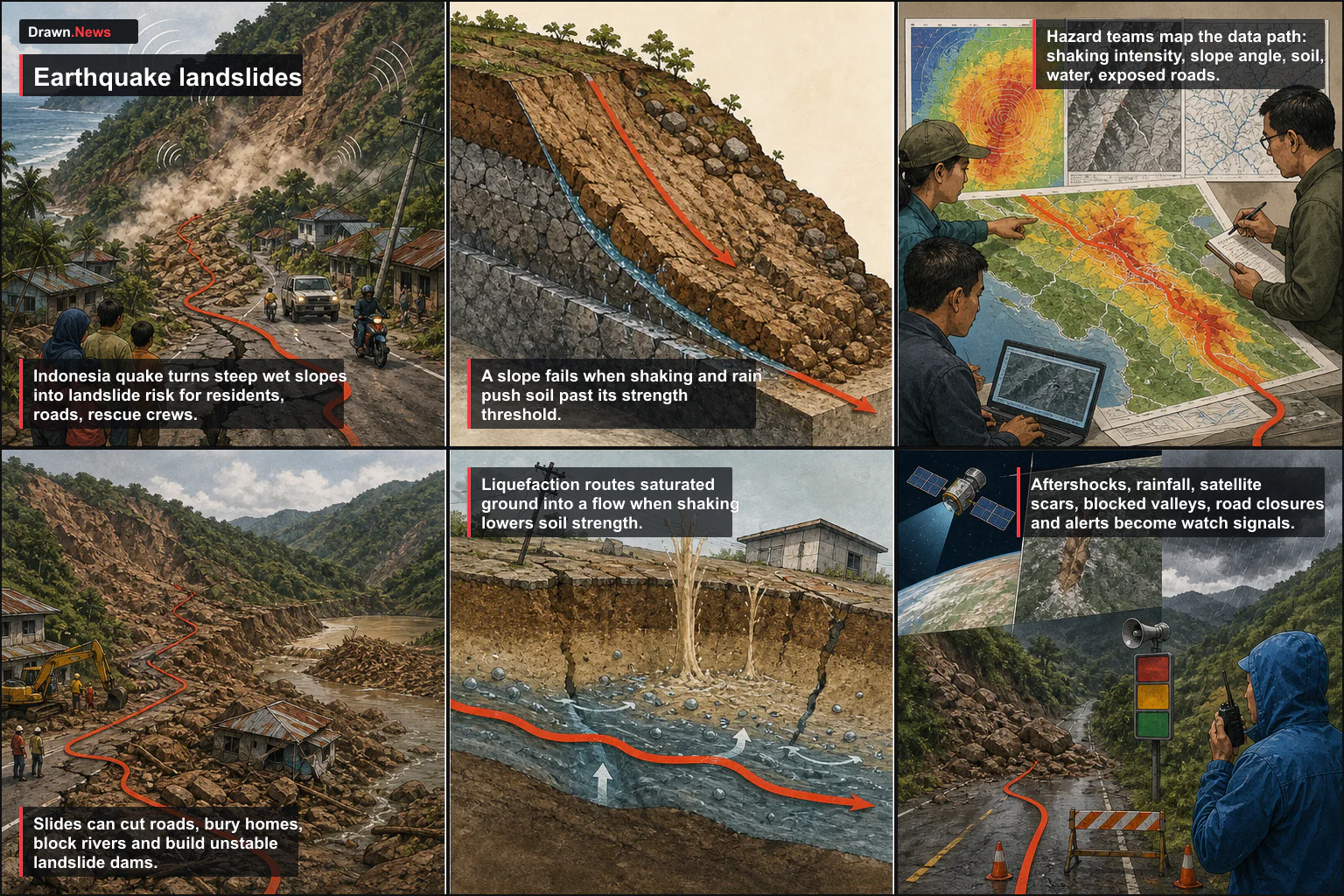Drawn.News visual brief: How Earthquake-Triggered Landslides Work