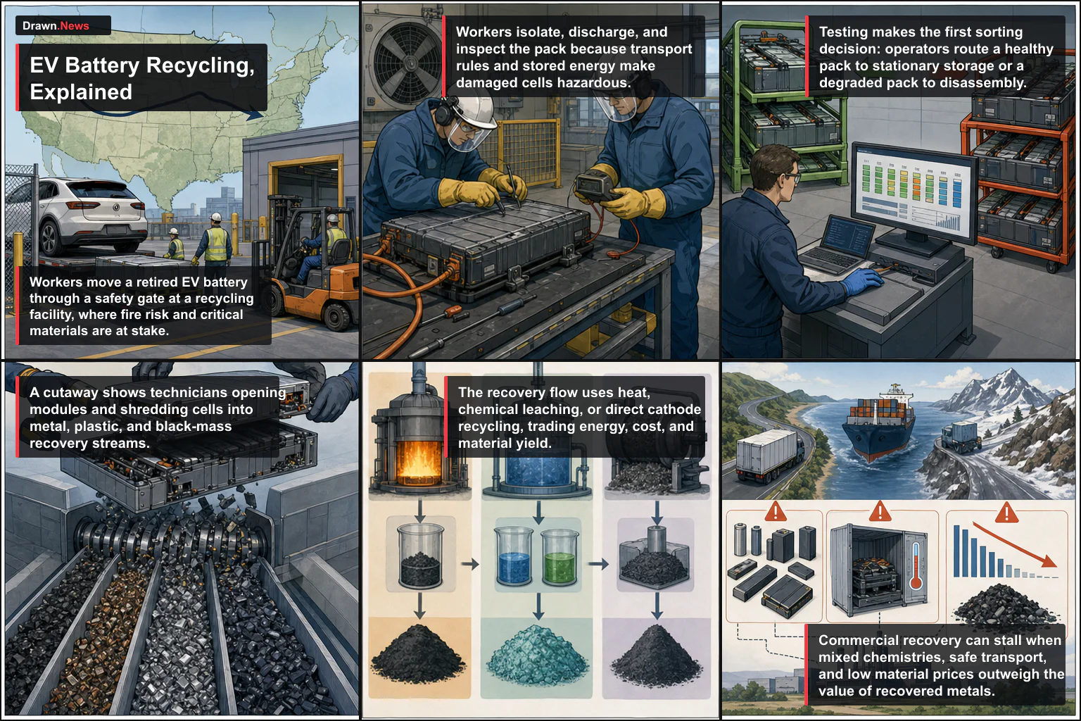 Drawn.News visual brief: How EV Battery Recycling Works