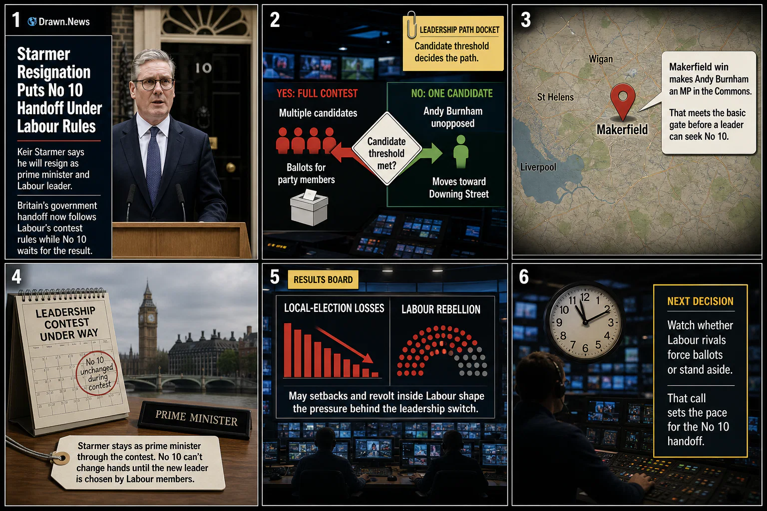 Drawn.News visual brief: Starmer Resignation Puts No 10 Handoff Under Labour Rules