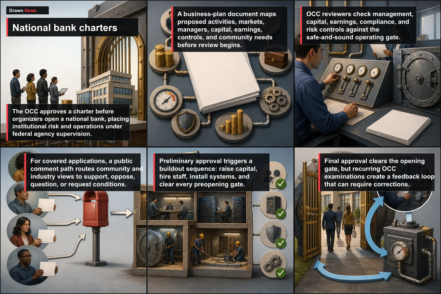 Drawn.News visual brief: How National Bank Charters Work