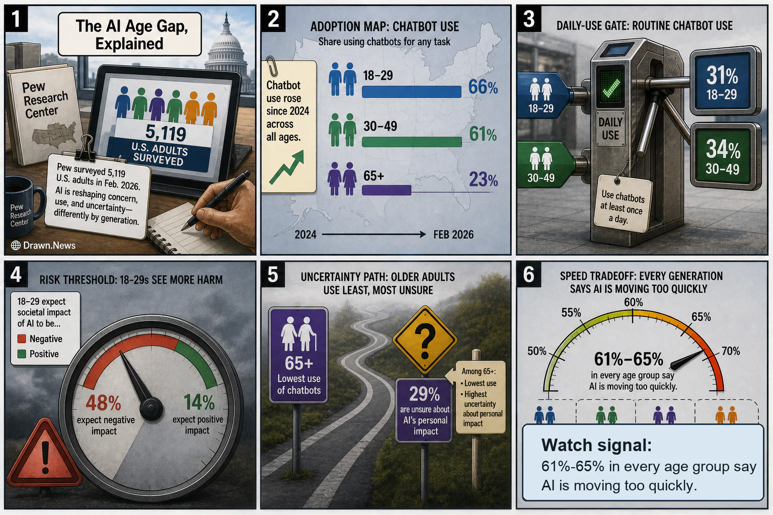 Drawn.News visual brief: The AI Age Gap, Explained