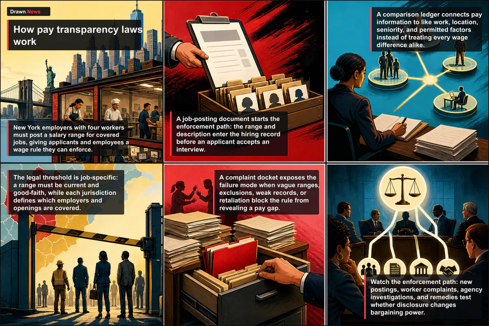 Drawn.News visual guide: How Pay Transparency Laws Work