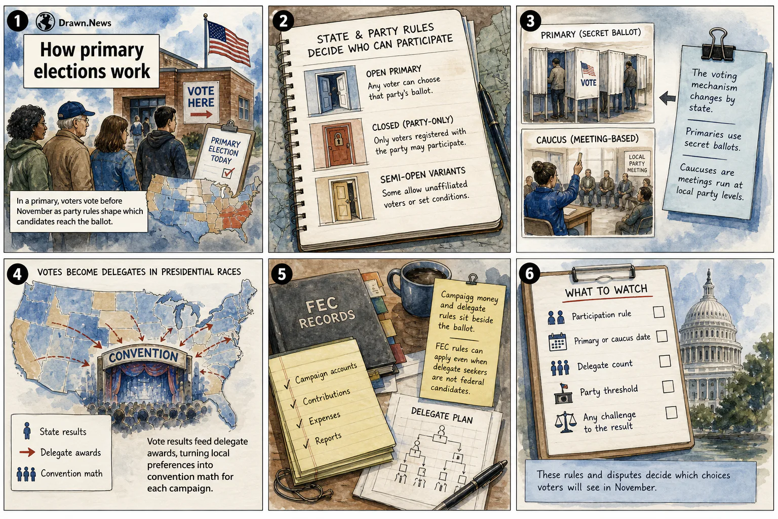 Drawn.News visual brief: How Primary Elections Work