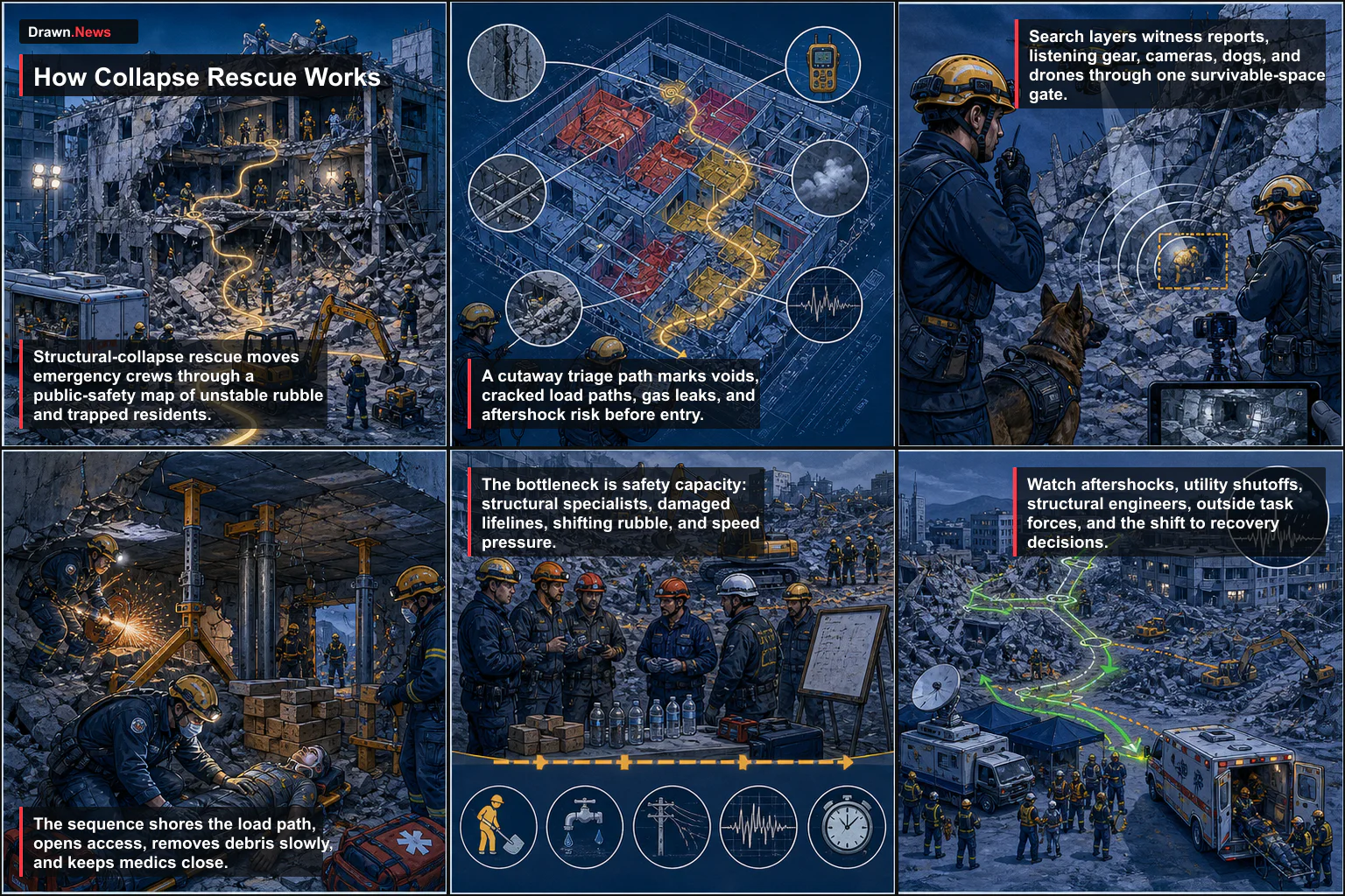Drawn.News visual brief: How Structural-Collapse Rescue Works