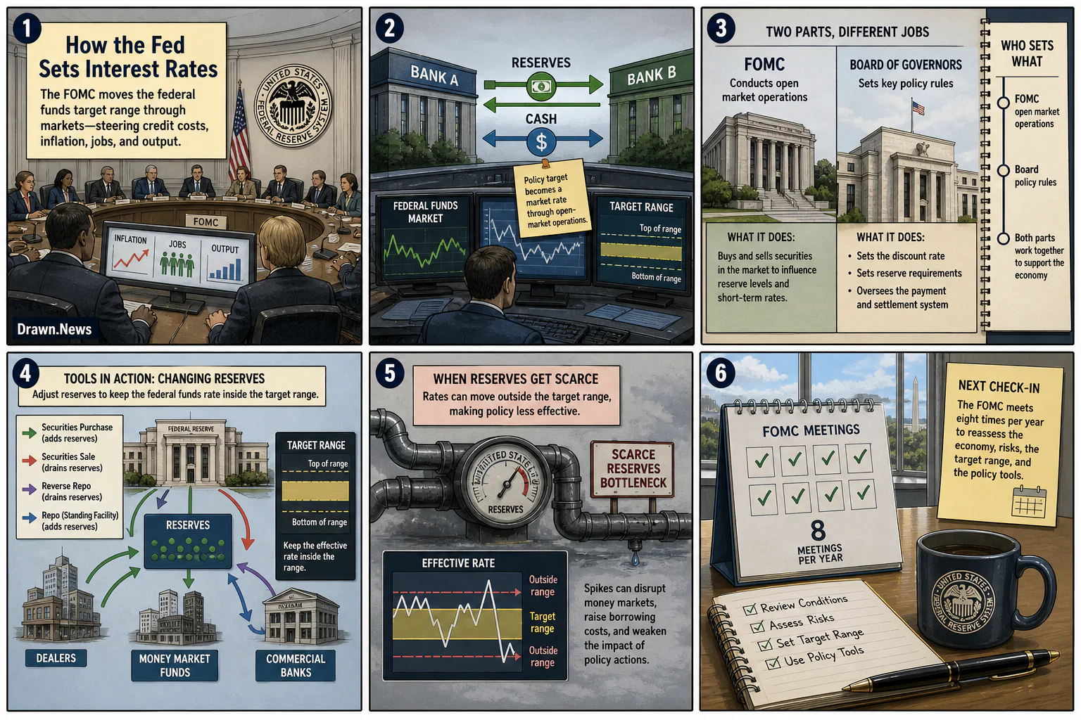 Drawn.News visual brief: How the Fed Sets Interest Rates