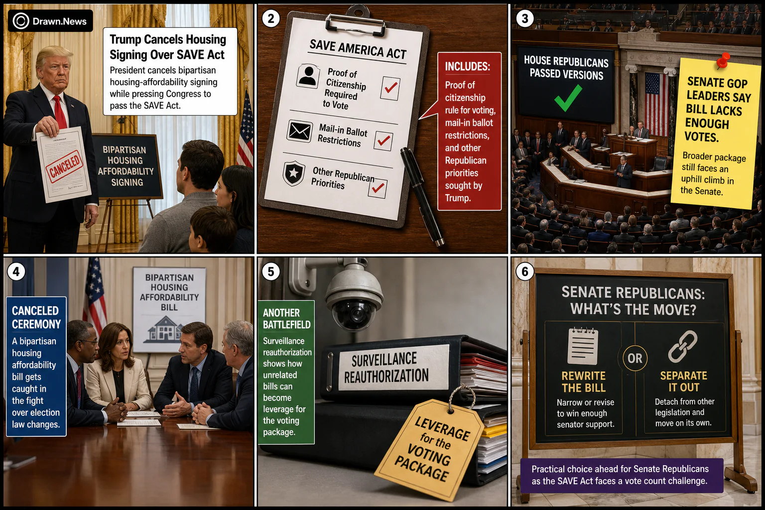 Drawn.News visual brief: Trump Cancels Housing Signing Over SAVE Act