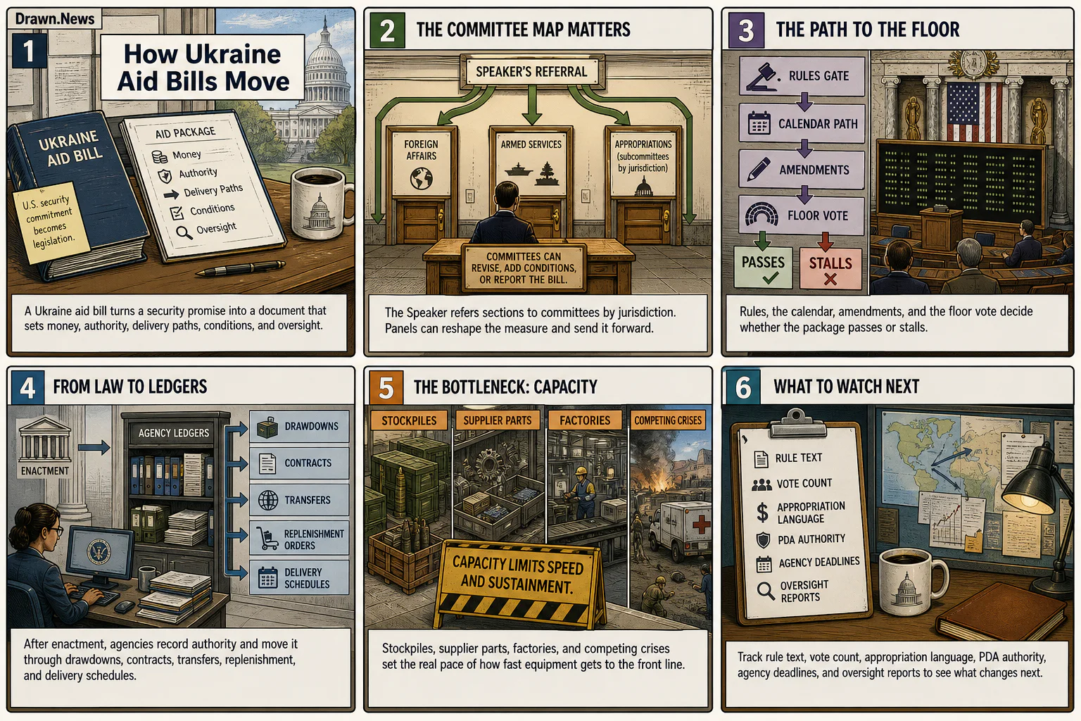 Drawn.News visual brief: How Ukraine Aid Bills Move Through Congress