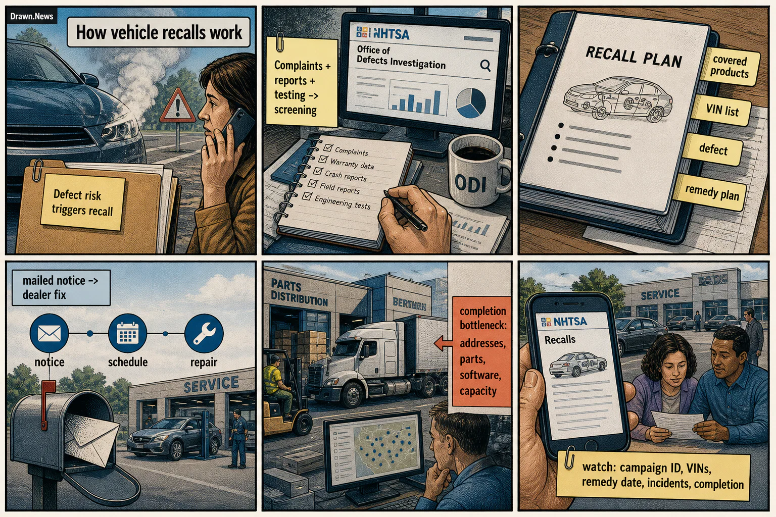 Drawn.News visual brief: How Vehicle Recalls Work