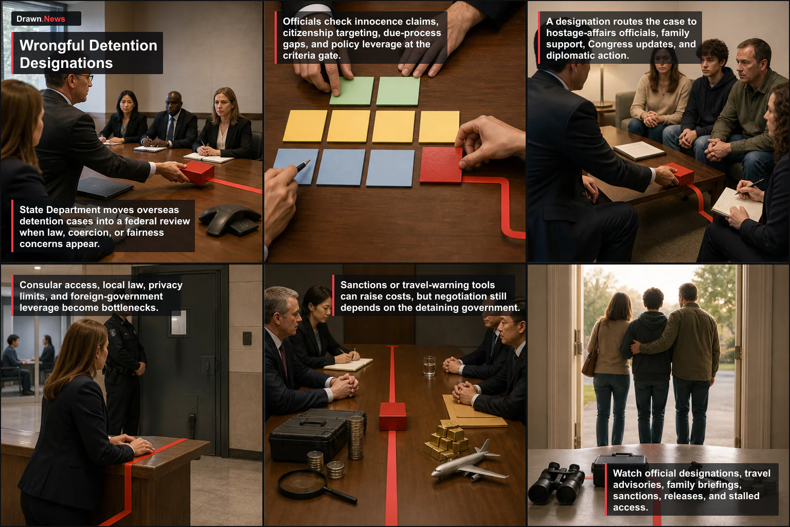 Drawn.News visual brief: How Wrongful Detention Designations Work