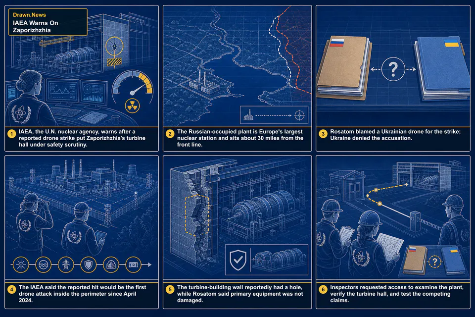 Drawn.News visual brief: IAEA issues Ukraine nuclear plant warning after Russia alleges Zaporizhzhia attack