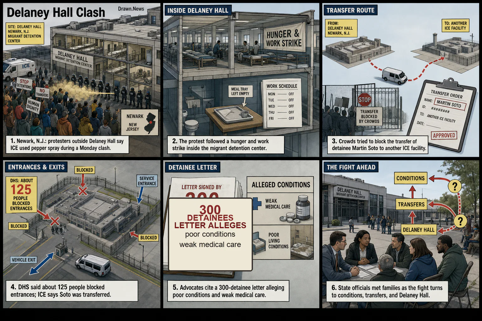 Drawn.News visual brief: ICE agents use pepper spray on protesters outside detention centre