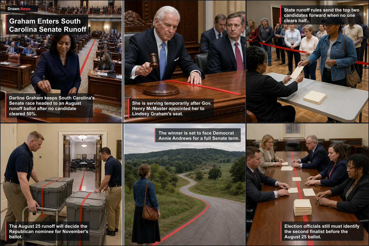 Drawn.News visual brief: Darline Graham Enters Runoff as South Carolina GOP Reopens U.S. Senate Race