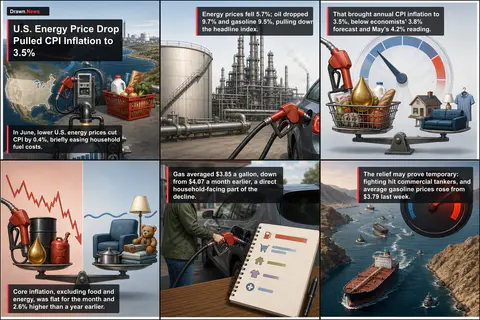Drawn.News visual brief: U.S. Energy Price Drop Pulled CPI Inflation to 3.5%