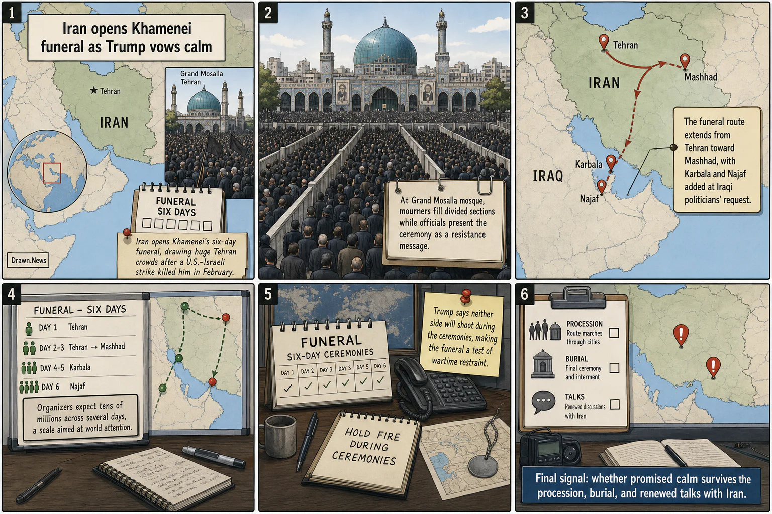 Drawn.News visual brief: Iran Opens Khamenei Funeral as Trump Vows Calm