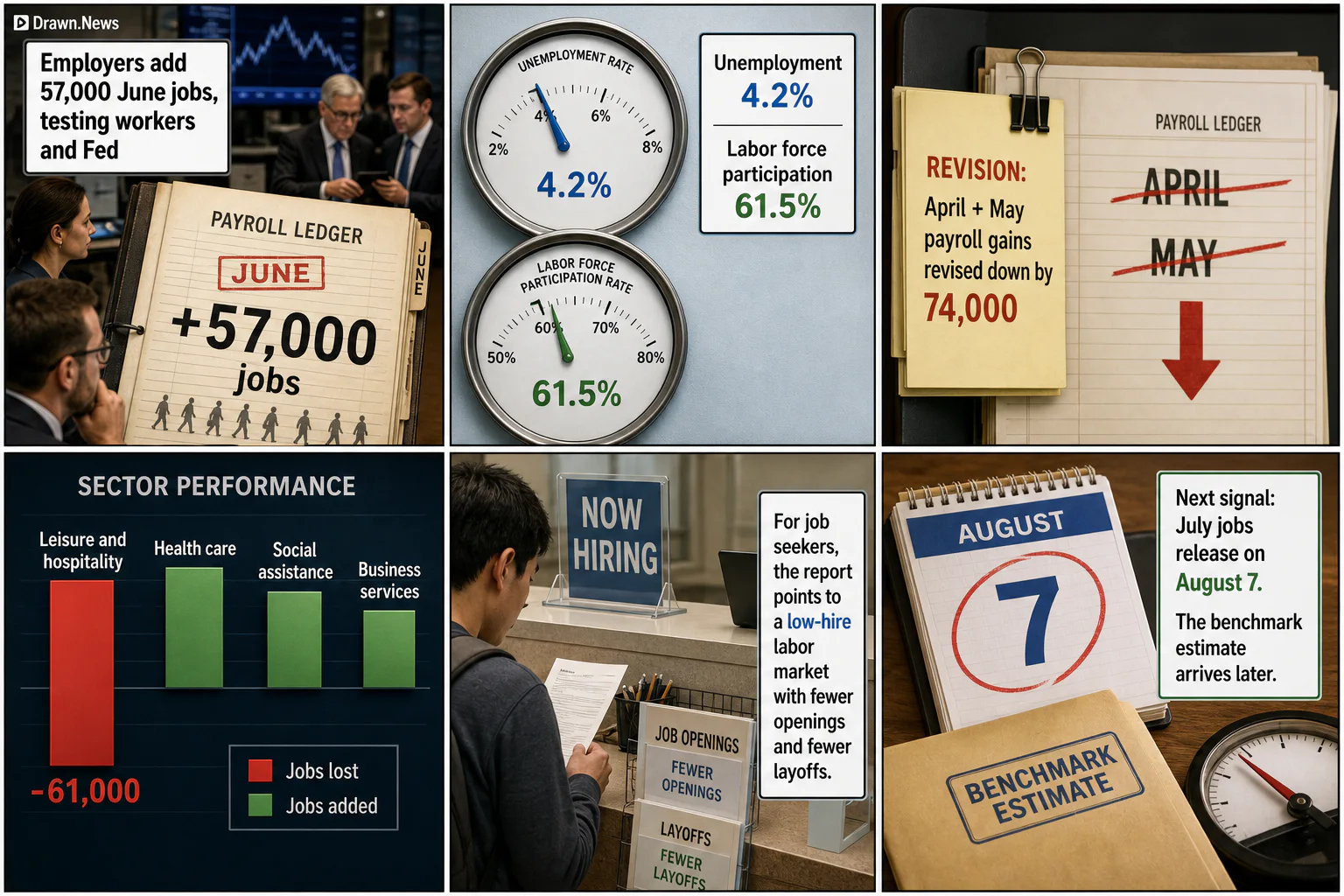 Drawn.News visual brief: Employers add 57,000 June jobs, testing workers and Fed