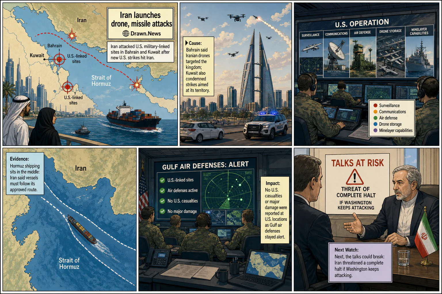 Drawn.News visual brief: Iran Strikes Test Gulf Ceasefire