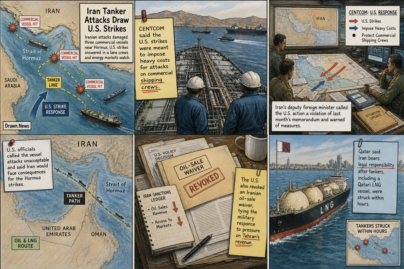 Drawn.News visual brief: Iran’s Strikes on Ships in Strait of Hormuz Threaten Oil Flow