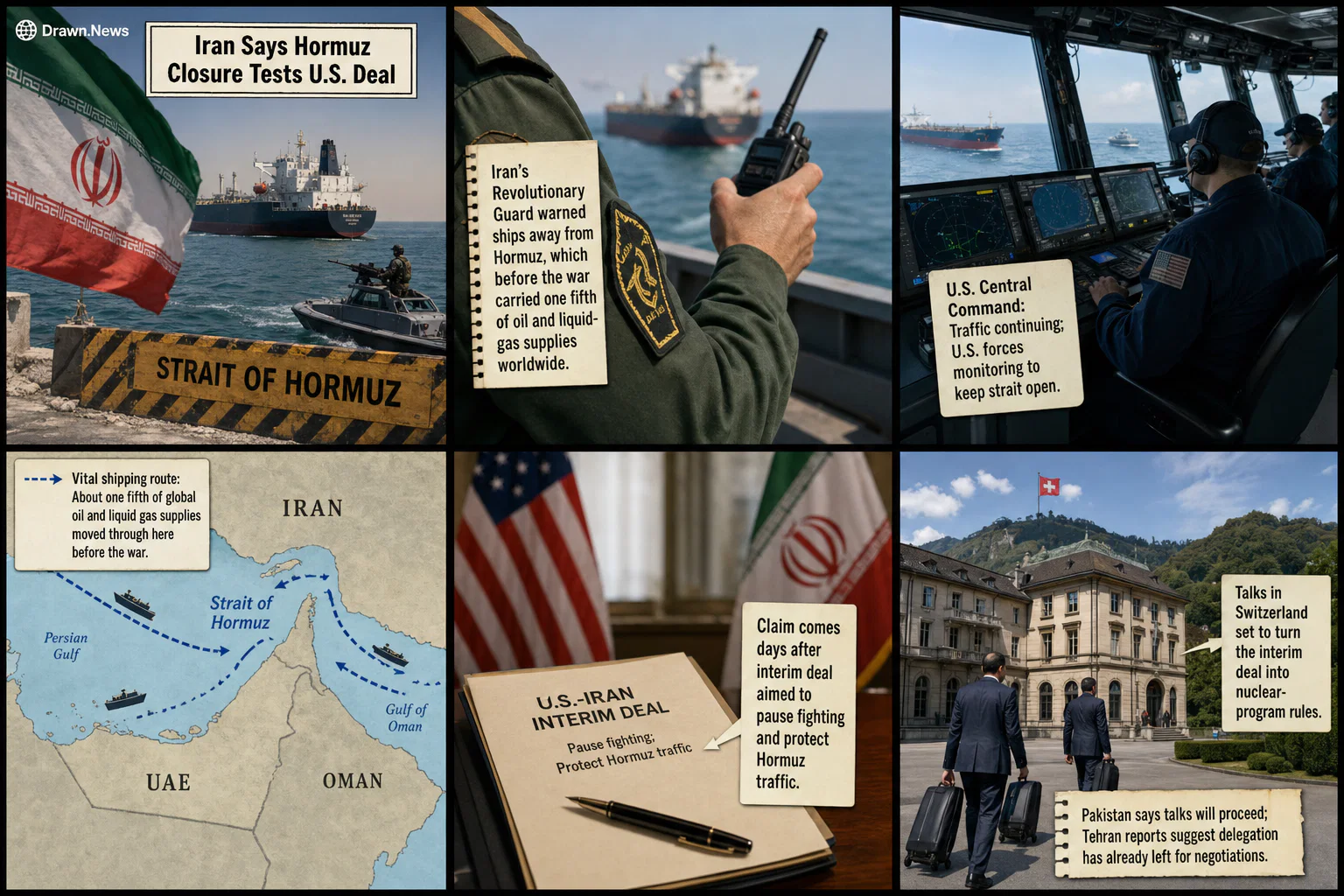 Drawn.News visual brief: Iran Says Hormuz Closure Tests U.S. Deal