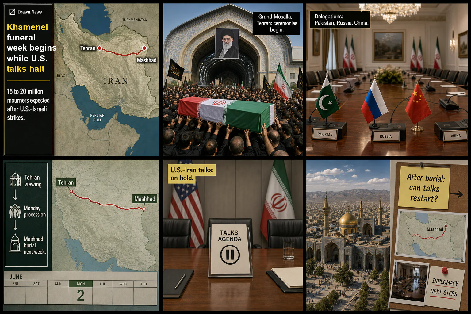 Drawn.News visual brief: Iran begins Khamenei funeral week while U.S. talks halt