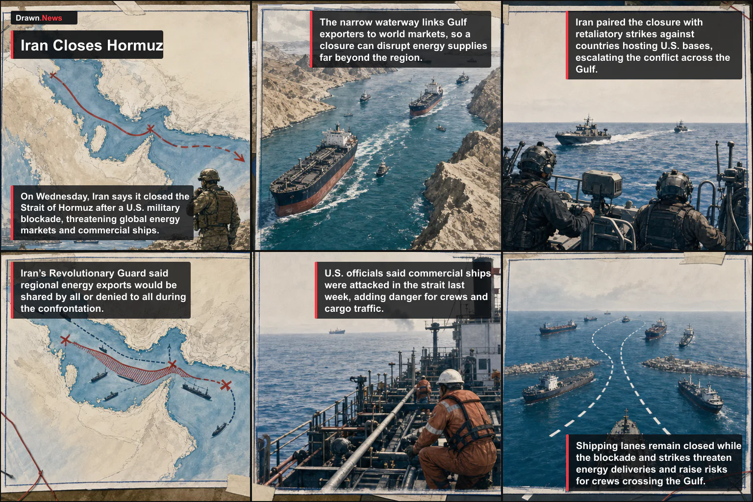 Drawn.News visual brief: Iran Closes Hormuz, Disrupting Gulf Oil Routes