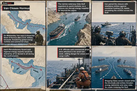 Drawn.News visual brief: Iran Closes Hormuz, Disrupting Gulf Oil Routes