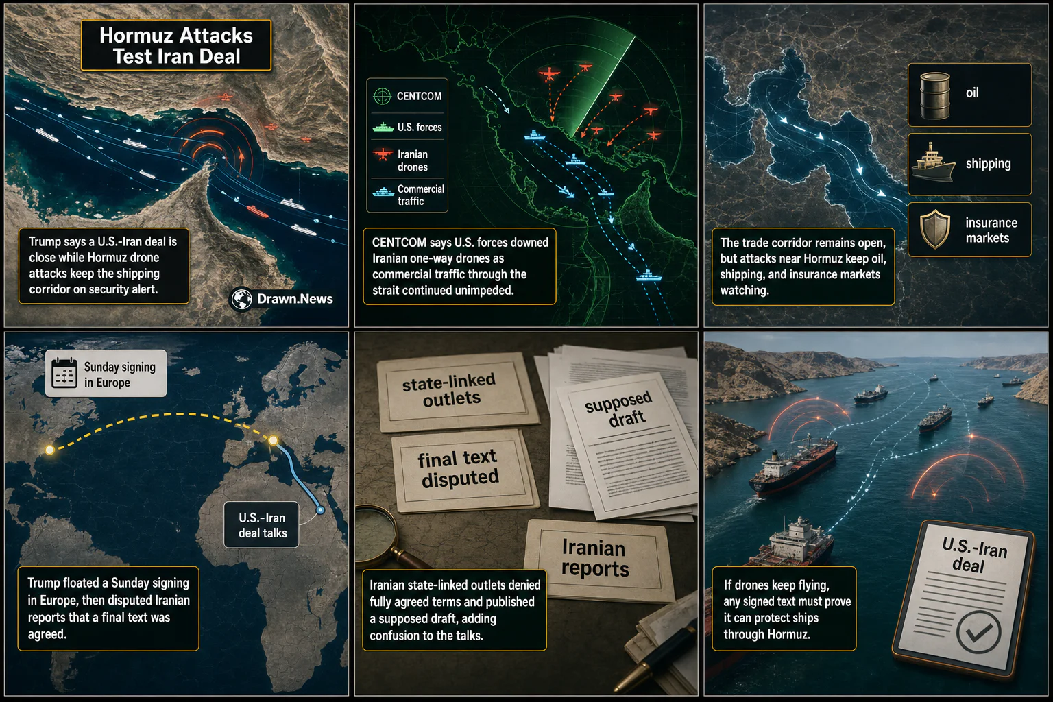 Drawn.News visual brief: Trump Says Iran Deal Near as Hormuz Attacks Threaten Shipping