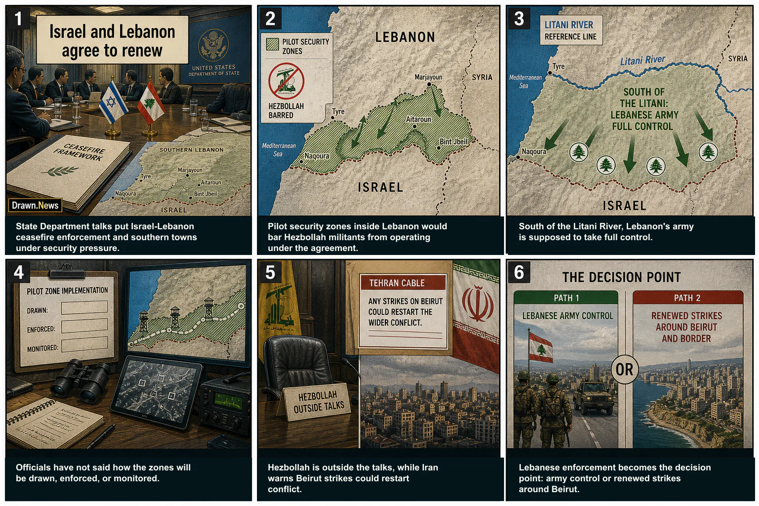 Drawn.News visual brief: Israel and Lebanon agree to renew fragile ceasefire, create Lebanese security zones