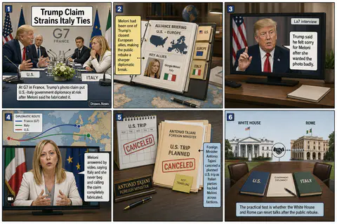 Drawn.News visual brief: Trump G7 Claim Strains Italy Ties