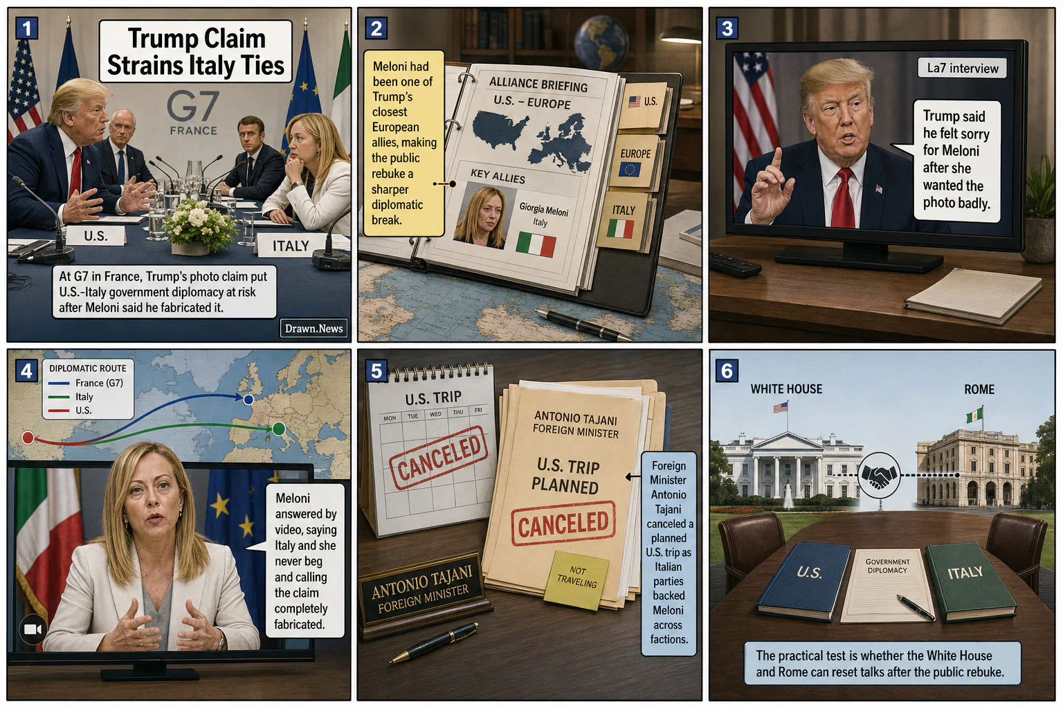 Drawn.News visual brief: Trump G7 Claim Strains Italy Ties
