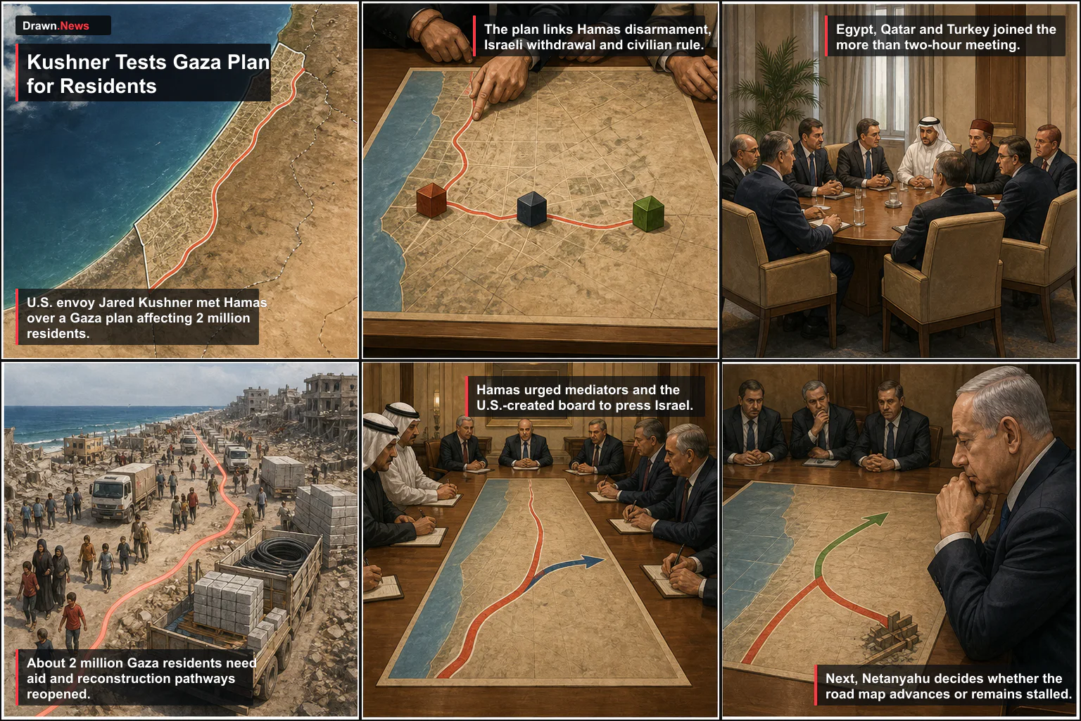Drawn.News visual brief: Kushner tests Gaza plan affecting 2 million residents in Hamas talks