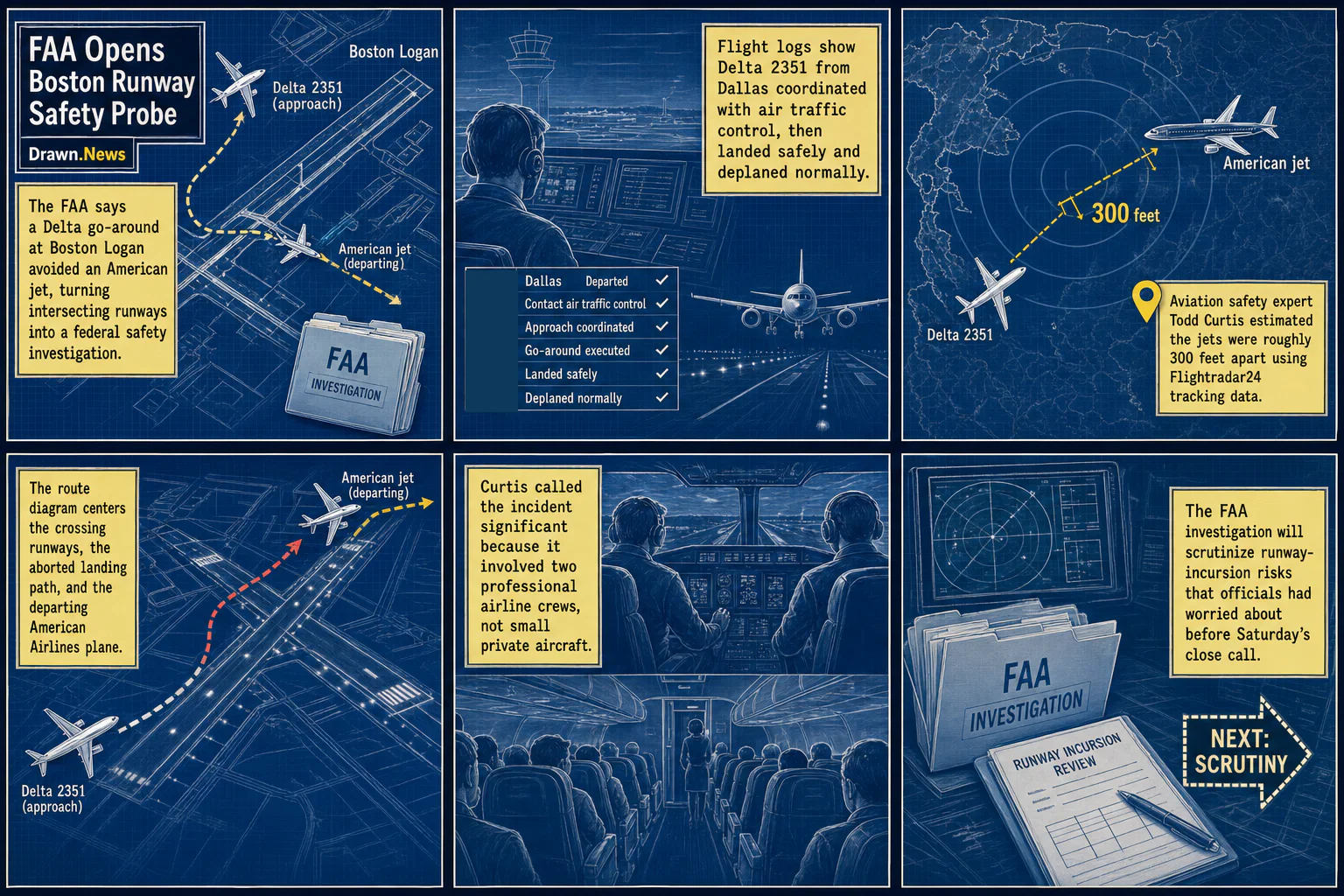 Drawn.News visual brief: FAA Opens Boston Runway Safety Probe