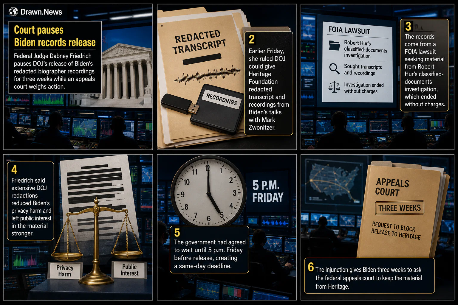 Drawn.News visual brief: Court pauses Biden records release for appeals court
