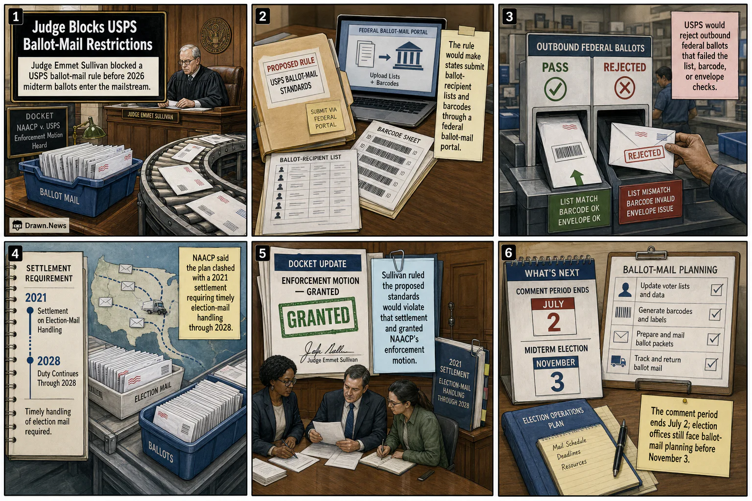 Drawn.News visual brief: Judge Blocks USPS Ballot-Mail Restrictions