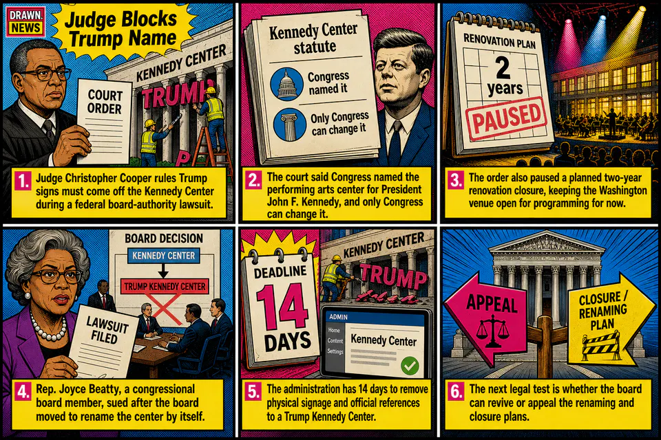 Drawn.News visual brief: Judge blocks Trump name at Kennedy Center