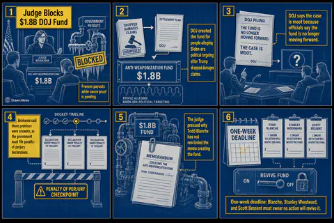 Drawn.News visual brief: Judge keeps $1.8B DOJ fund blocked