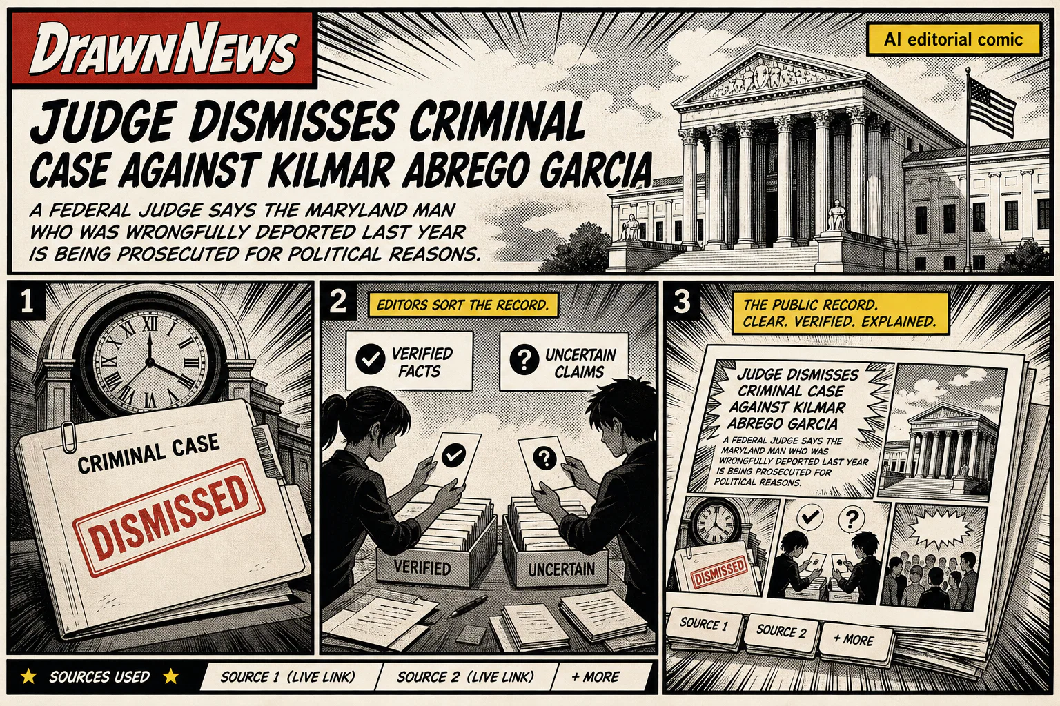 Drawn.News visual brief: Judge dismisses criminal case against Kilmar Abrego Garcia