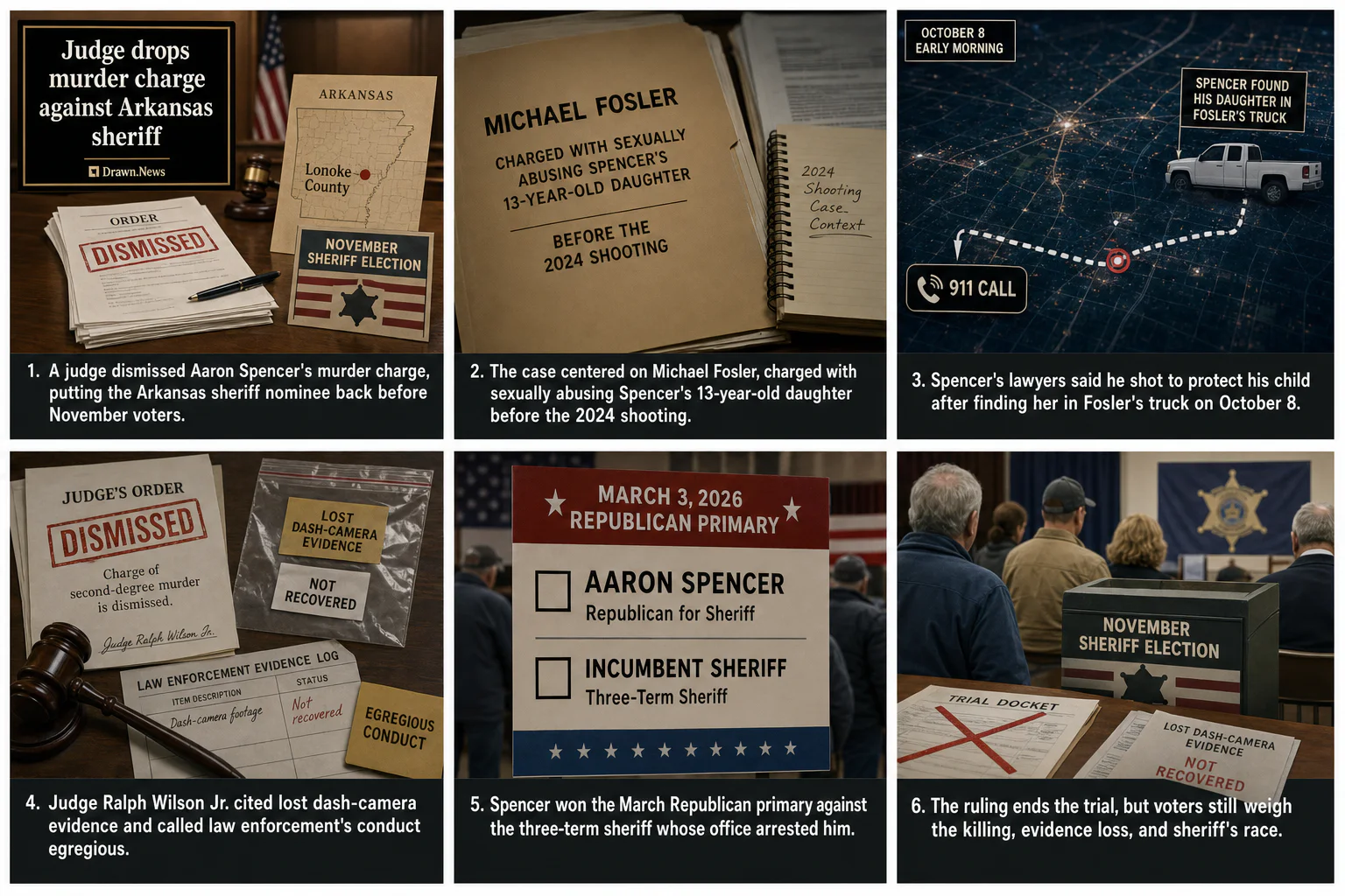 Drawn.News visual brief: Judge drops murder charge against Arkansas sheriff candidate who killed a man