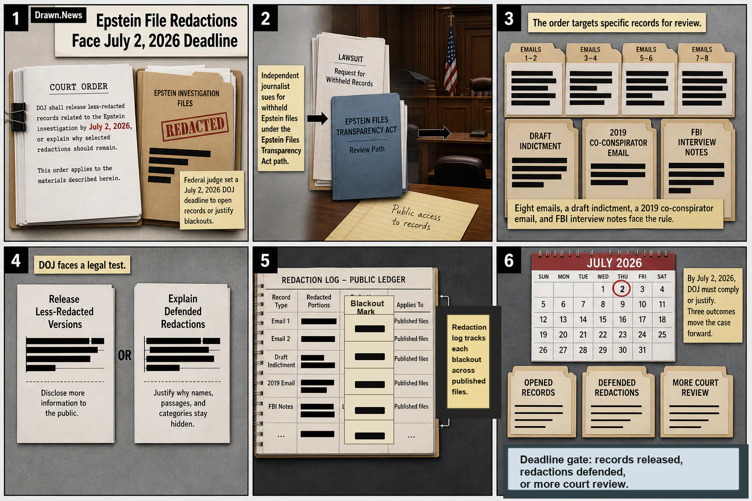 Drawn.News visual brief: Epstein File Redactions Face July 2, 2026 Deadline