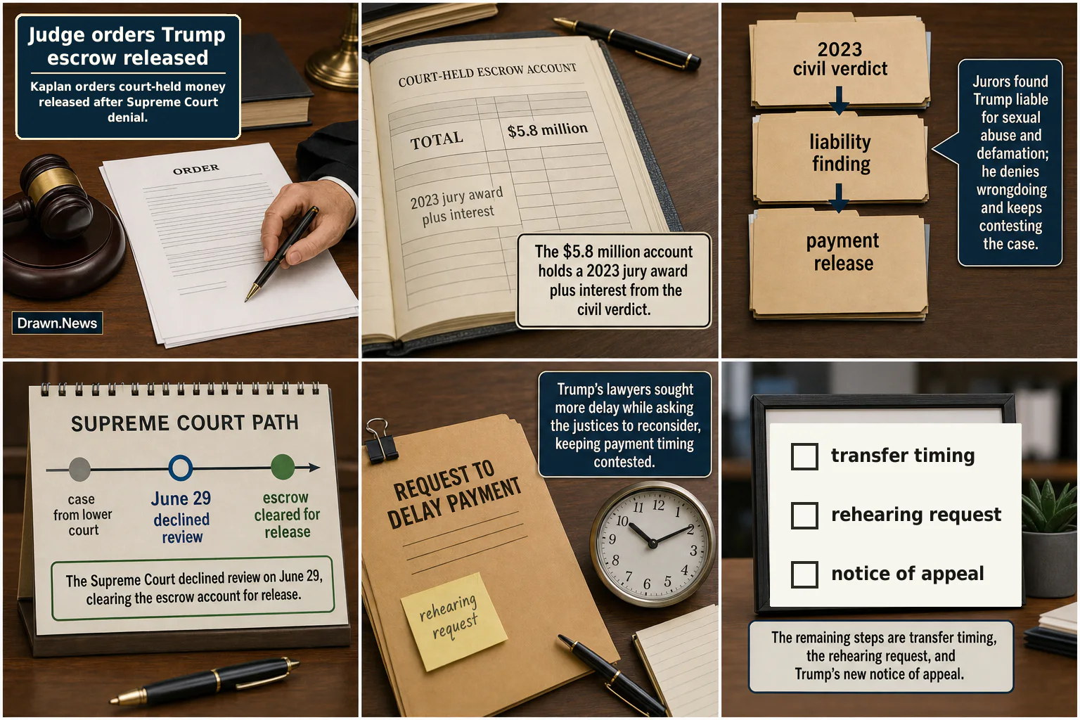 Drawn.News visual brief: Judge orders $5.8 million in Trump escrow released to E. Jean Carroll