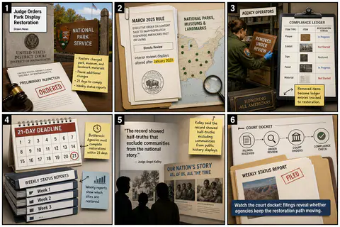 Drawn.News visual brief: Judge Orders 21-Day Restoration of Park Displays