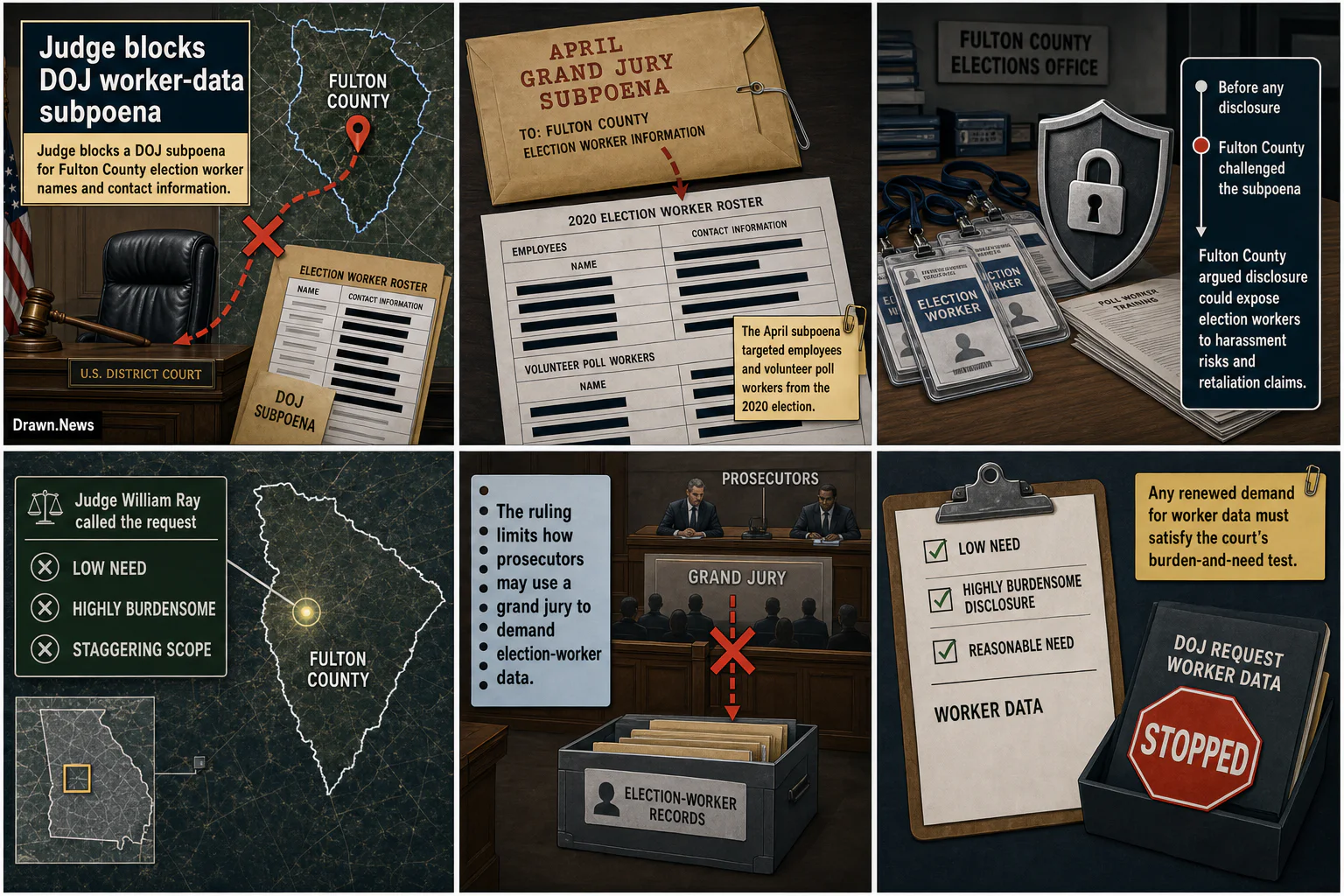 Drawn.News visual brief: Court Blocks DOJ Worker-Data Subpoena in Fulton