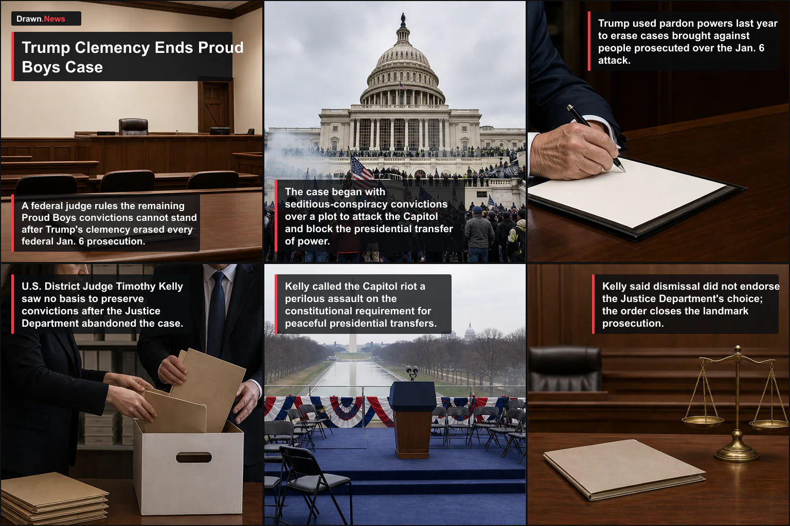 Drawn.News visual brief: Judge Ends Proud Boys Case After Trump Erases Jan. 6 Convictions
