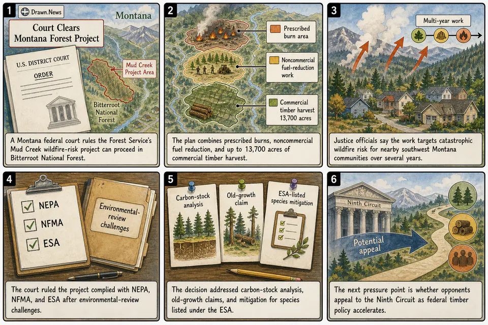 Drawn.News visual brief: Justice Department Secures Ruling to Allow Montana Vegetation Management Project to Proceed