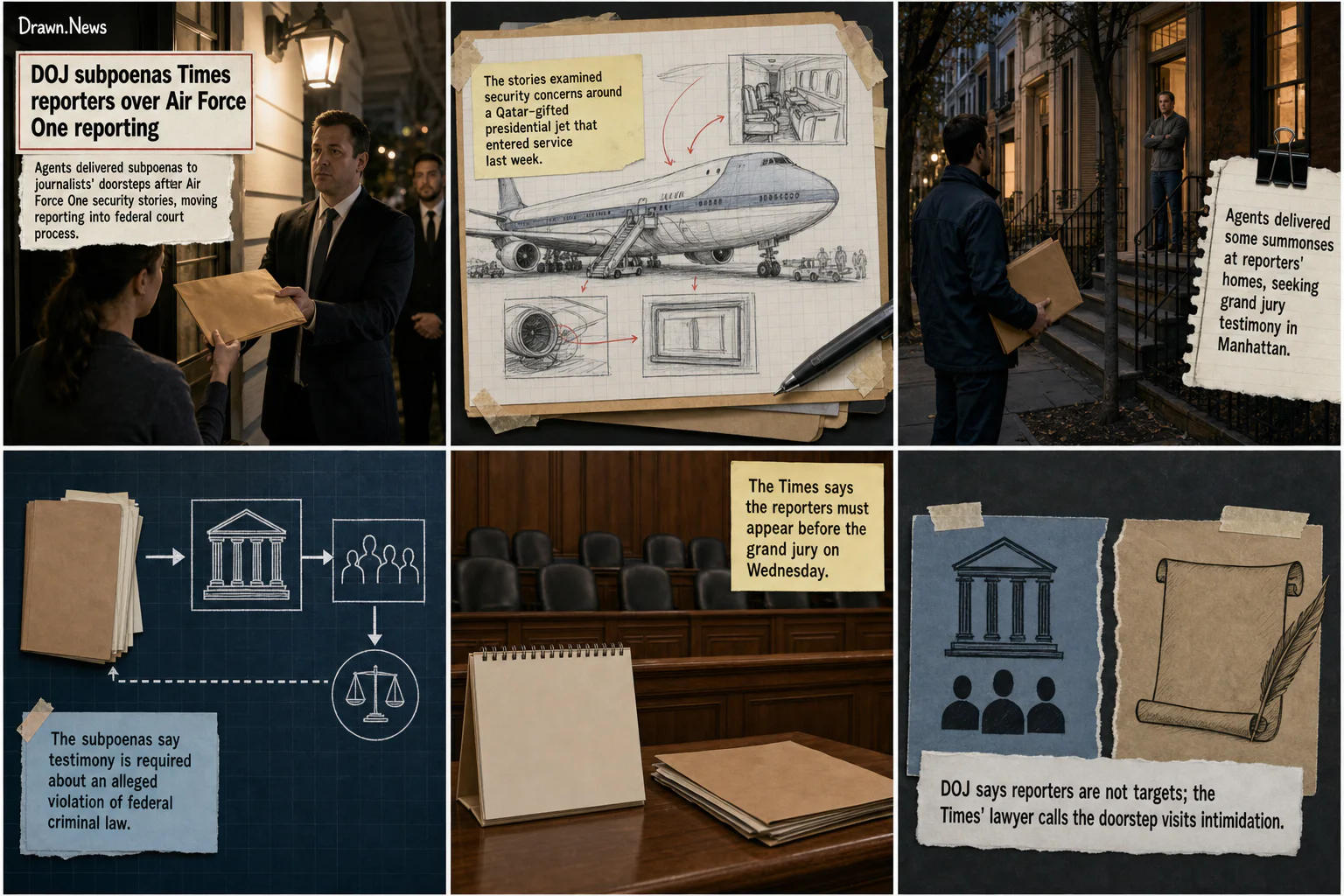 Drawn.News visual brief: DOJ subpoenas Times reporters for court testimony in leak fight